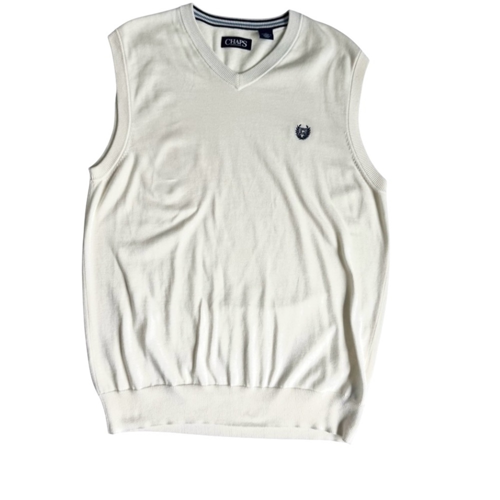 Chaps Men’s Medium Ivory Cream Sweater Vest 100% Cotton Navy Logo Preppy - Picture 2 of 7